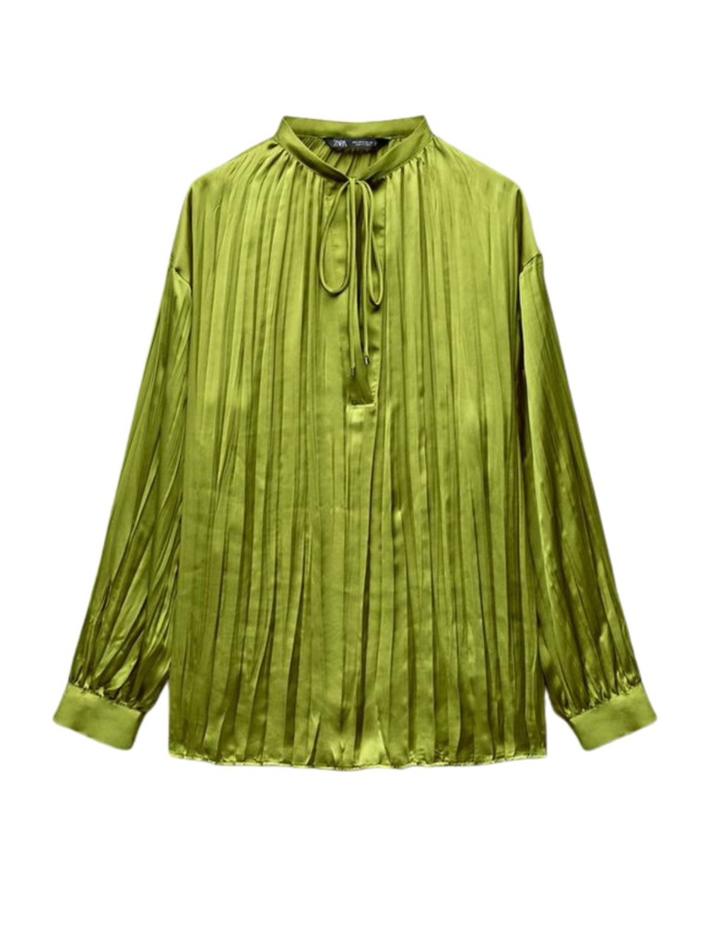 Zara Olive Green Pleated V-Neck Blouse with Ties NWT